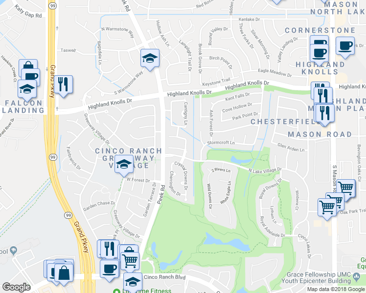 map of restaurants, bars, coffee shops, grocery stores, and more near 22802 Whitewater Creek Circle in Katy
