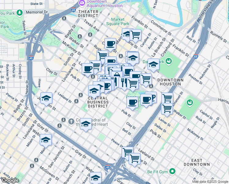 map of restaurants, bars, coffee shops, grocery stores, and more near 1300 Lamar Street in Houston