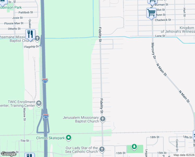 map of restaurants, bars, coffee shops, grocery stores, and more near 9744 Garcroft Street in Houston