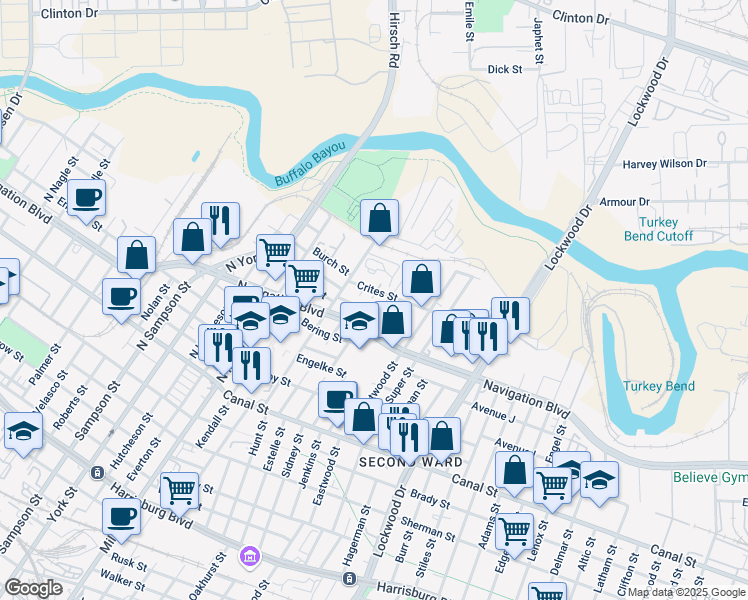 map of restaurants, bars, coffee shops, grocery stores, and more near 4302 Crites Street in Houston
