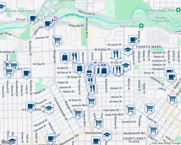 map of restaurants, bars, coffee shops, grocery stores, and more near 900 West Gray Street in Houston