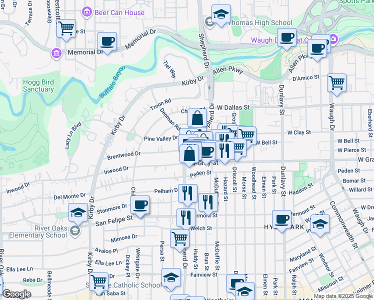 map of restaurants, bars, coffee shops, grocery stores, and more near 2050 West Gray Street in Houston