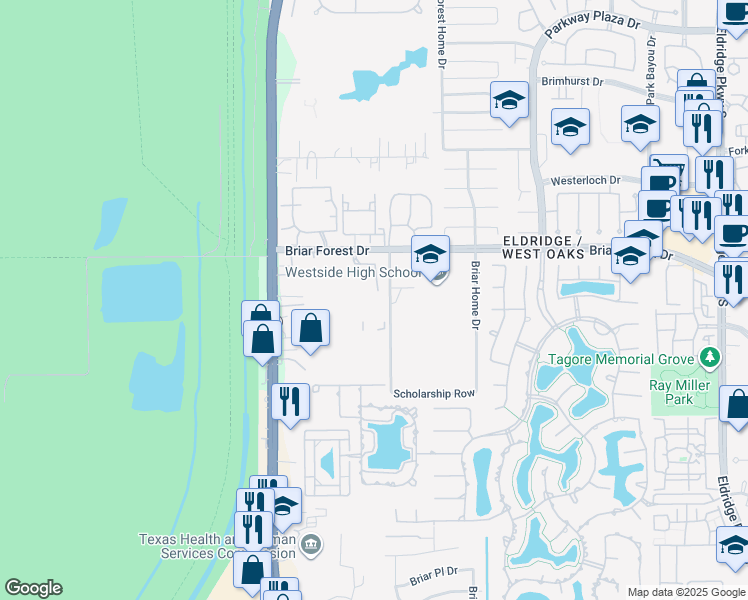 map of restaurants, bars, coffee shops, grocery stores, and more near 14515 Briar Forest Drive in Houston