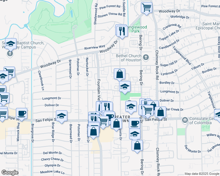 map of restaurants, bars, coffee shops, grocery stores, and more near 5804 Valley Forge Drive in Houston