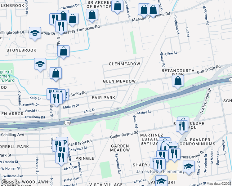 map of restaurants, bars, coffee shops, grocery stores, and more near 2809 Kettering Drive in Baytown