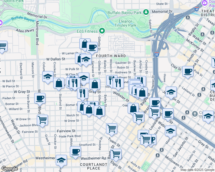 map of restaurants, bars, coffee shops, grocery stores, and more near 702 Victor Street in Houston