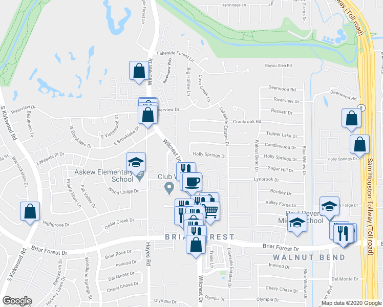 map of restaurants, bars, coffee shops, grocery stores, and more near 1101 Wilcrest Drive in Houston