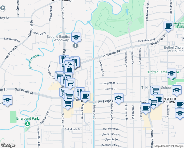 map of restaurants, bars, coffee shops, grocery stores, and more near 1239 Ripple Creek Drive in Houston