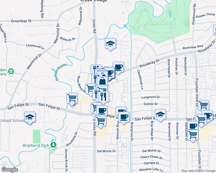 map of restaurants, bars, coffee shops, grocery stores, and more near 1254 Wood Hollow Drive in Houston
