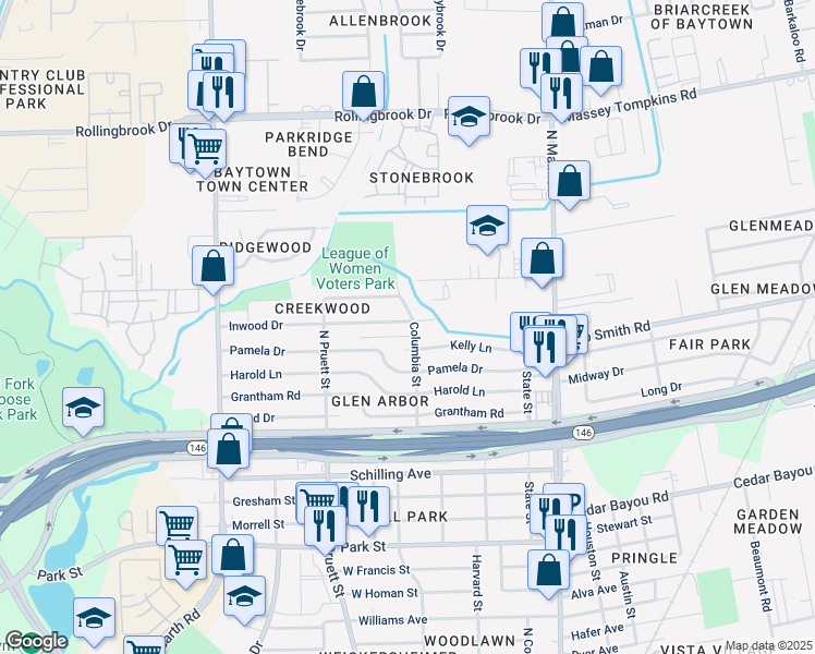 map of restaurants, bars, coffee shops, grocery stores, and more near 401 Inwood Drive in Baytown
