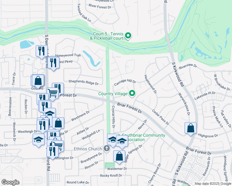 map of restaurants, bars, coffee shops, grocery stores, and more near 12231 Ravenmoor Drive in Houston