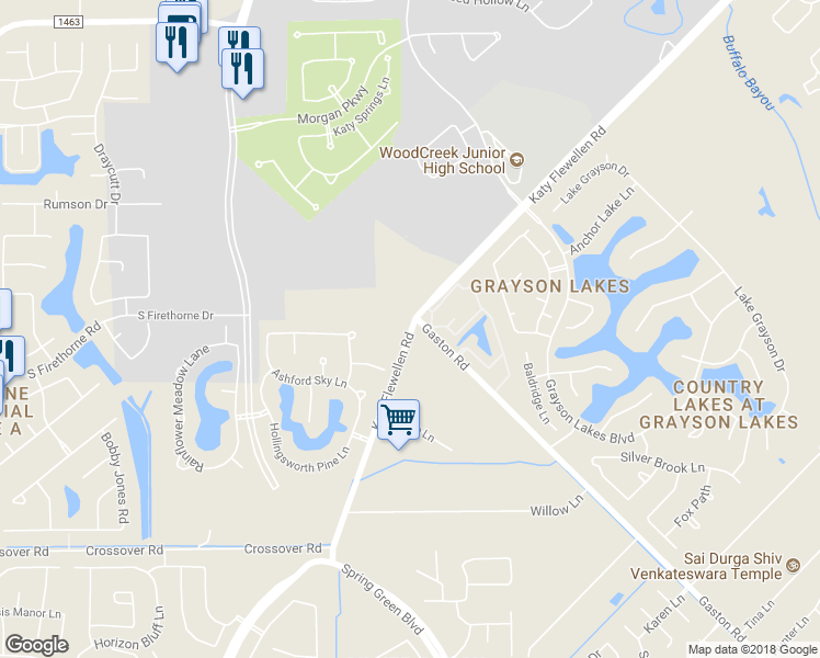 map of restaurants, bars, coffee shops, grocery stores, and more near 2446 Katy Flewellen Road in Katy