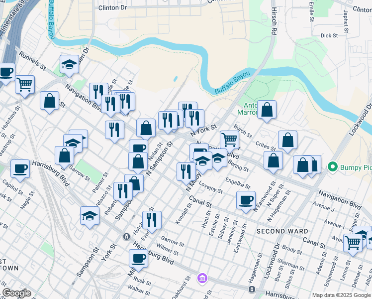 map of restaurants, bars, coffee shops, grocery stores, and more near 300 North York Street in Houston