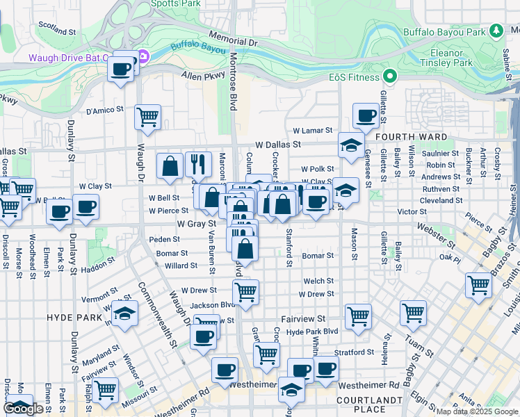 map of restaurants, bars, coffee shops, grocery stores, and more near 900 West Gray Street in Houston