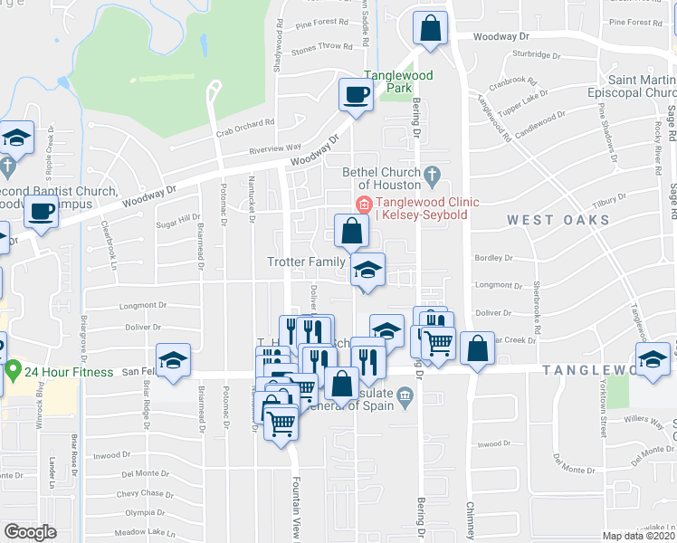 map of restaurants, bars, coffee shops, grocery stores, and more near 1300 Augusta Drive in Houston