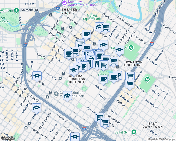 map of restaurants, bars, coffee shops, grocery stores, and more near 1300 Lamar Street in Houston