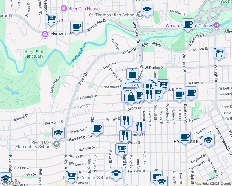 map of restaurants, bars, coffee shops, grocery stores, and more near 2128 Brentwood Drive in Houston