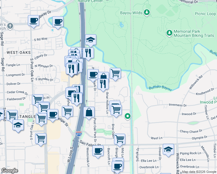 map of restaurants, bars, coffee shops, grocery stores, and more near 520 Post Oak Boulevard in Houston