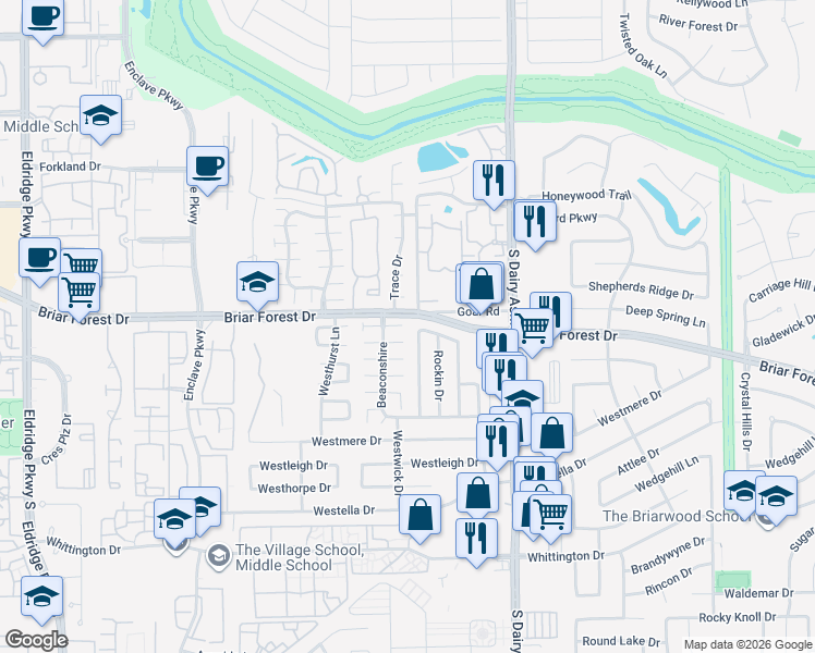 map of restaurants, bars, coffee shops, grocery stores, and more near 1506 Ainsdale Drive in Houston