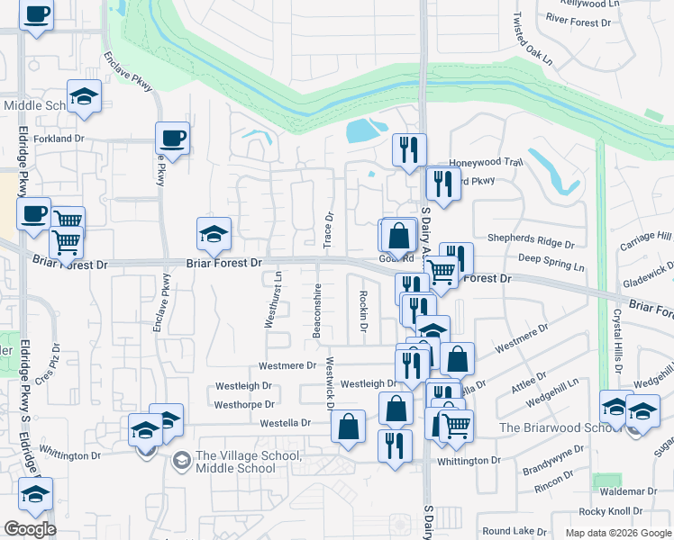 map of restaurants, bars, coffee shops, grocery stores, and more near 1506 Ainsdale Drive in Houston