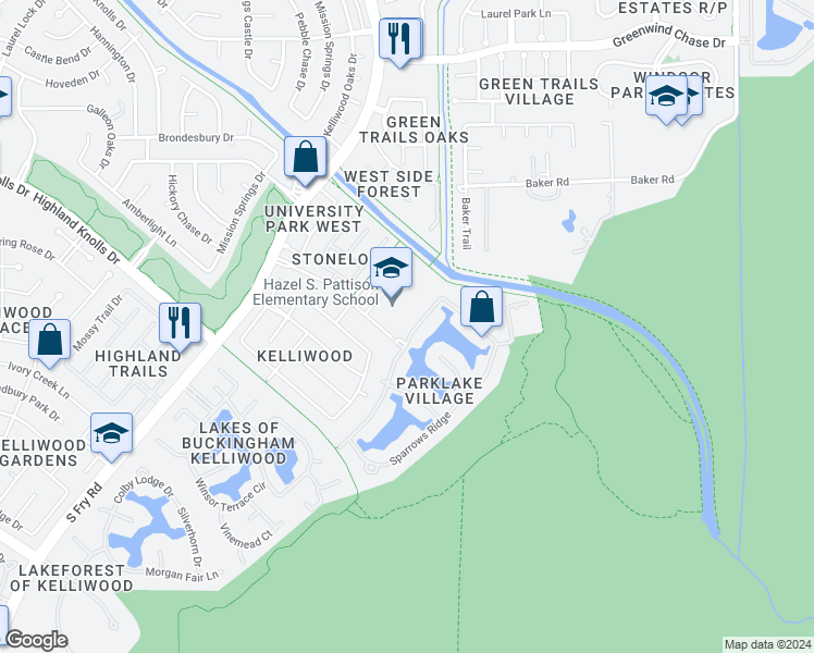 map of restaurants, bars, coffee shops, grocery stores, and more near 1726 Parklake Village Drive in Katy