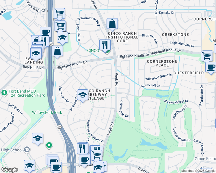 map of restaurants, bars, coffee shops, grocery stores, and more near 22906 Greenrush Drive in Katy