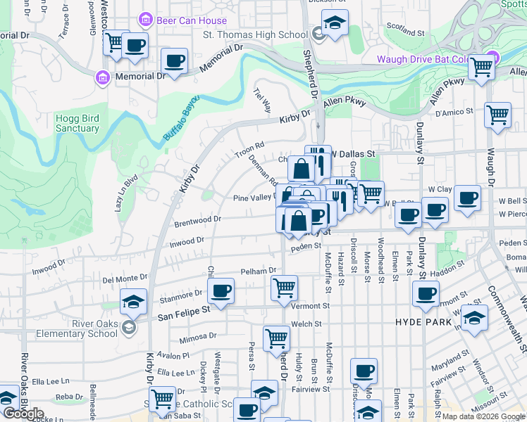 map of restaurants, bars, coffee shops, grocery stores, and more near 2128 Brentwood Drive in Houston