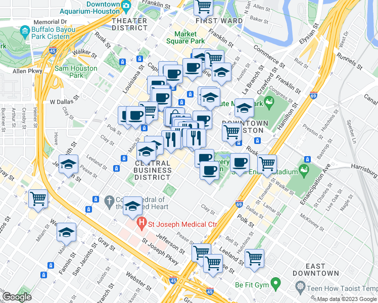 map of restaurants, bars, coffee shops, grocery stores, and more near Austin St & Lamar St in Houston