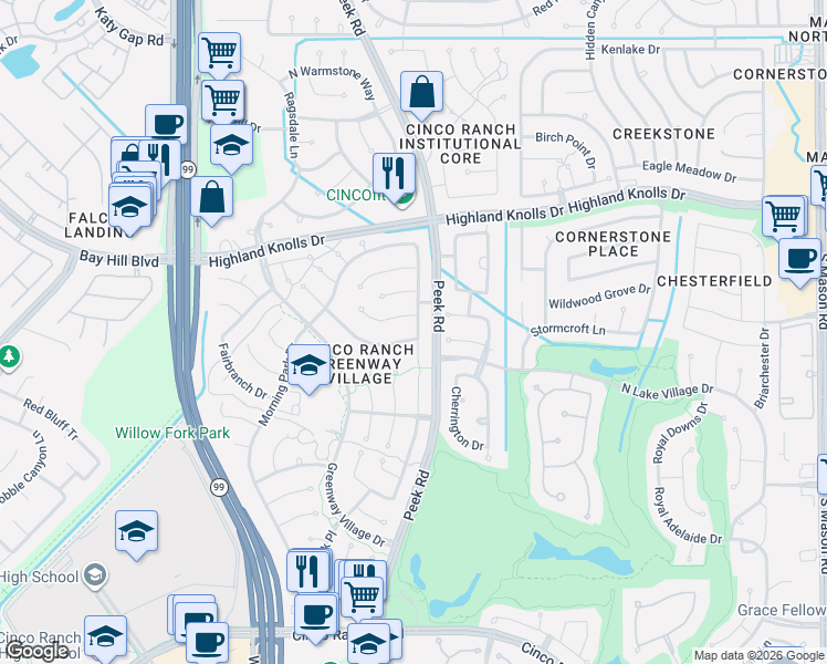 map of restaurants, bars, coffee shops, grocery stores, and more near 22906 Greenrush Drive in Katy