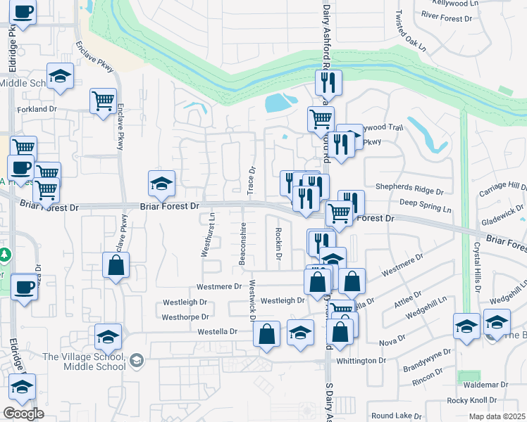 map of restaurants, bars, coffee shops, grocery stores, and more near 1506 Ainsdale Drive in Houston
