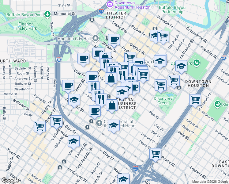 map of restaurants, bars, coffee shops, grocery stores, and more near 1313 Main Street in Houston