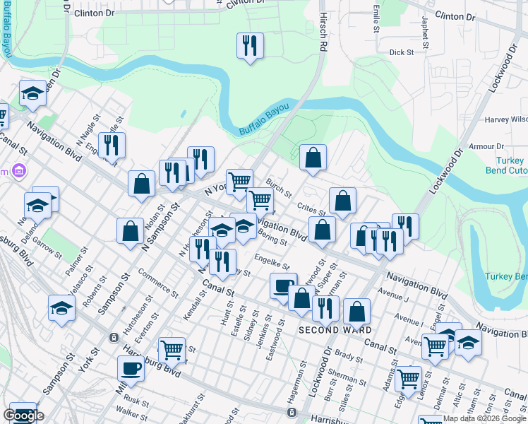 map of restaurants, bars, coffee shops, grocery stores, and more near 4001 Navigation Boulevard in Houston