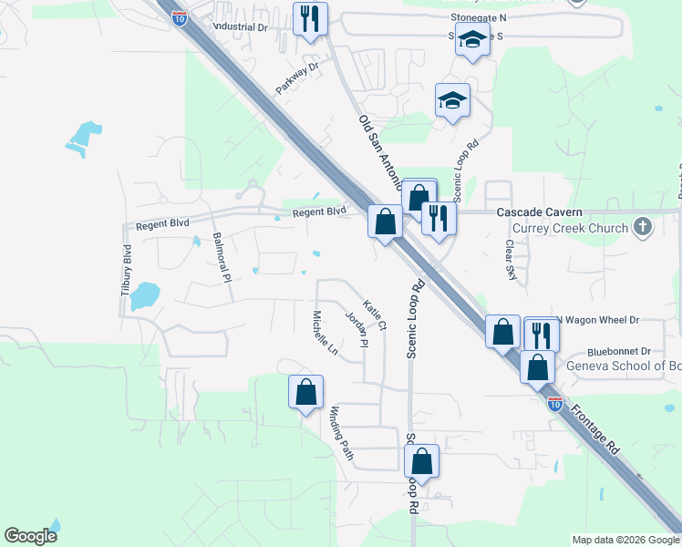 map of restaurants, bars, coffee shops, grocery stores, and more near 269 Katie Court in Boerne