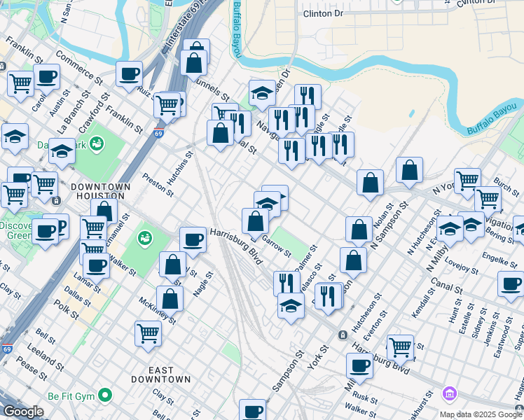 map of restaurants, bars, coffee shops, grocery stores, and more near in Houston