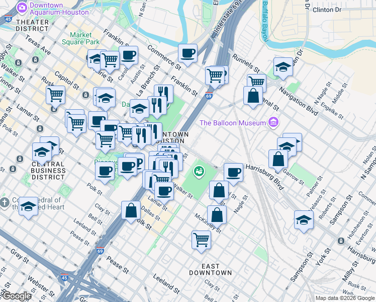 map of restaurants, bars, coffee shops, grocery stores, and more near 2202 Saint Emanuel Street in Houston