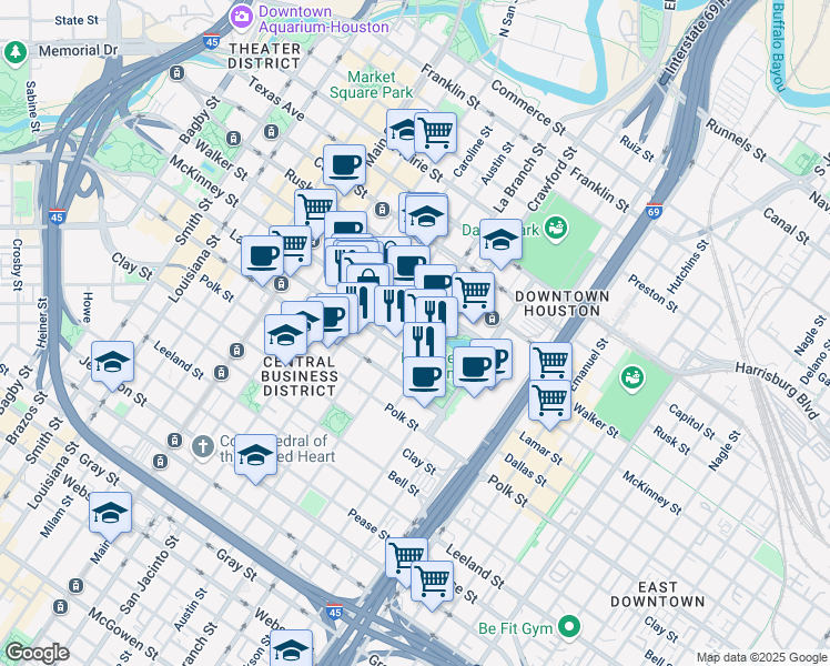 map of restaurants, bars, coffee shops, grocery stores, and more near in Houston
