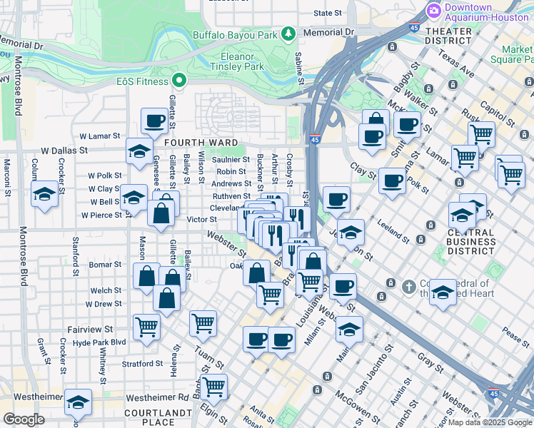 map of restaurants, bars, coffee shops, grocery stores, and more near 901 Cleveland Street in Houston