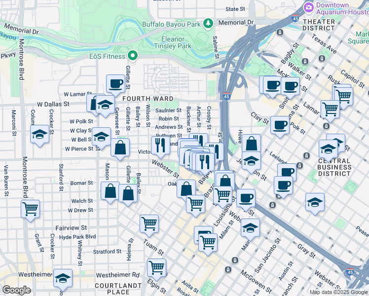 map of restaurants, bars, coffee shops, grocery stores, and more near 901 Cleveland Street in Houston