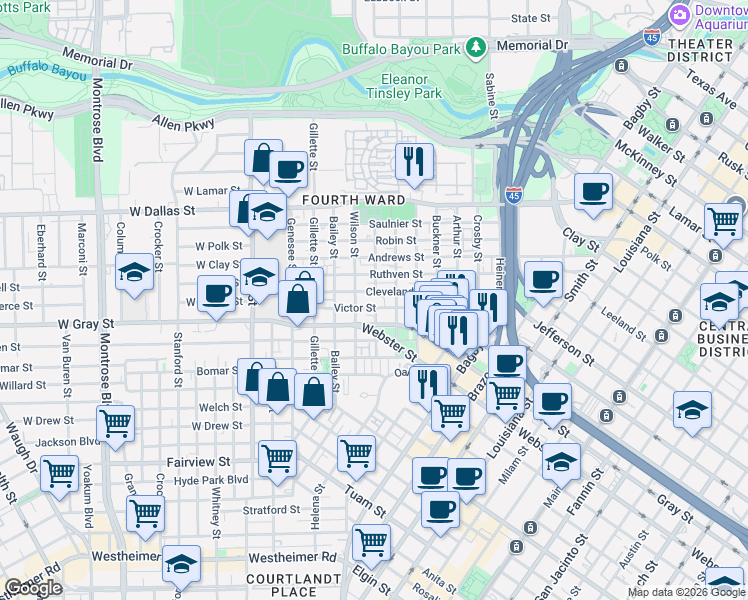 map of restaurants, bars, coffee shops, grocery stores, and more near 1300 Victor Street in Houston
