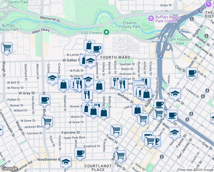map of restaurants, bars, coffee shops, grocery stores, and more near 702 Victor Street in Houston