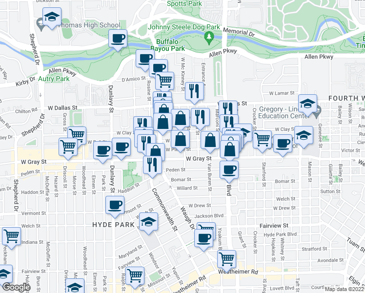 map of restaurants, bars, coffee shops, grocery stores, and more near 1238 West Pierce Street in Houston