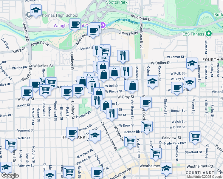 map of restaurants, bars, coffee shops, grocery stores, and more near 1326 West Pierce Street in Houston