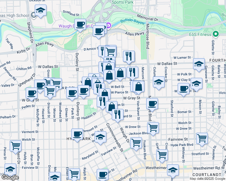 map of restaurants, bars, coffee shops, grocery stores, and more near 1326 West Pierce Street in Houston