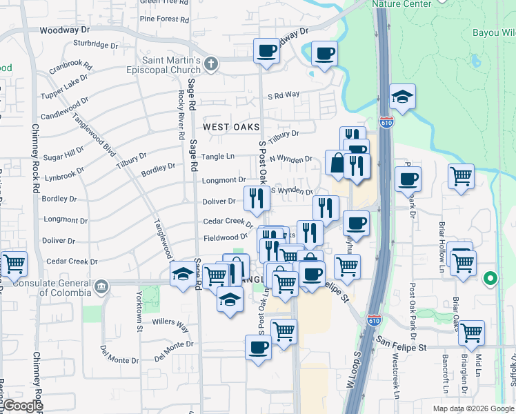 map of restaurants, bars, coffee shops, grocery stores, and more near in Houston