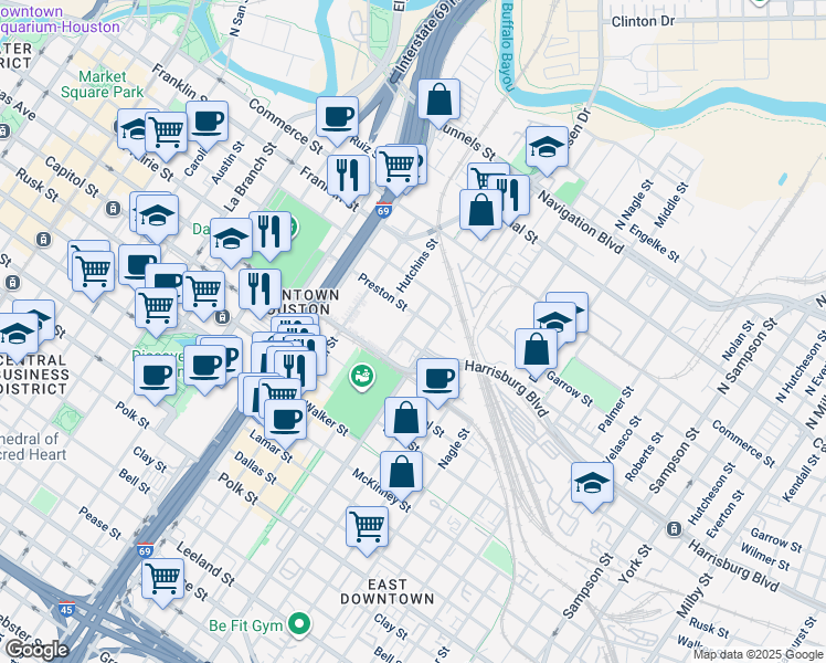 map of restaurants, bars, coffee shops, grocery stores, and more near 413 Bastrop Street in Houston