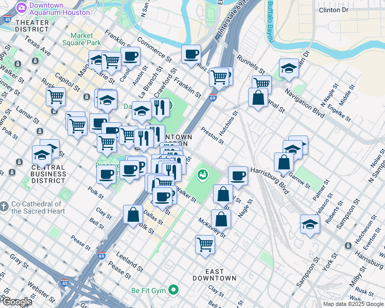 map of restaurants, bars, coffee shops, grocery stores, and more near 608 Saint Emanuel Street in Houston