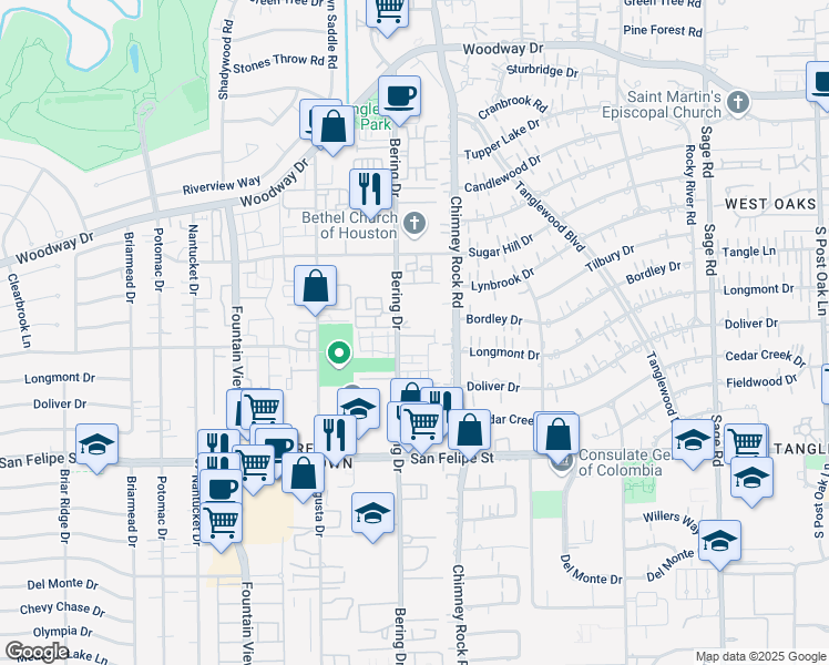map of restaurants, bars, coffee shops, grocery stores, and more near 5747 Longmont Lane in Houston