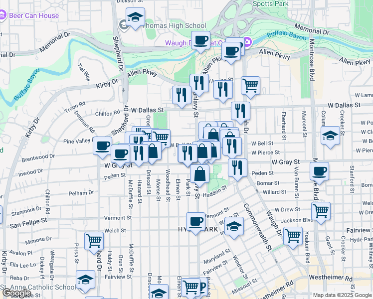 map of restaurants, bars, coffee shops, grocery stores, and more near 1915 West Bell Street in Houston