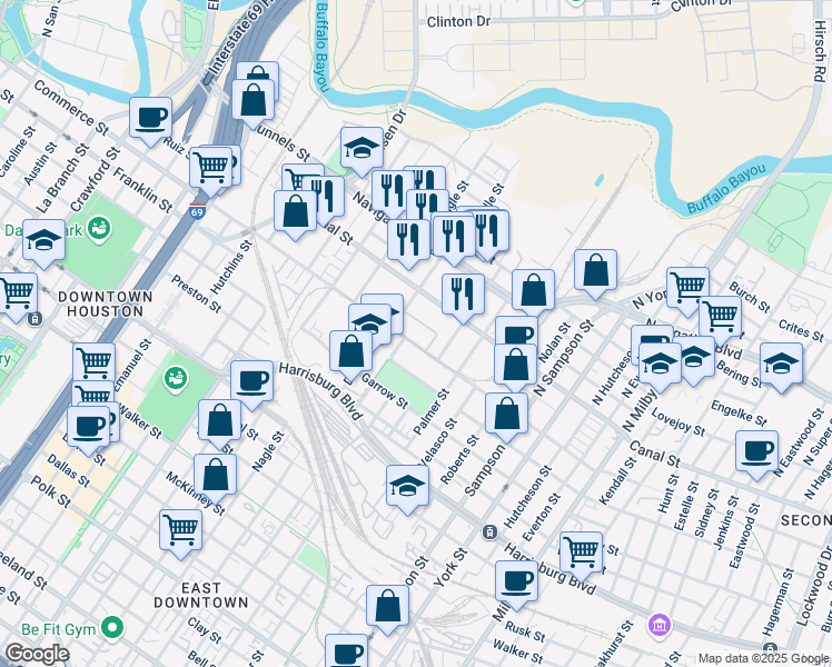 map of restaurants, bars, coffee shops, grocery stores, and more near 2800 Commerce Street in Houston