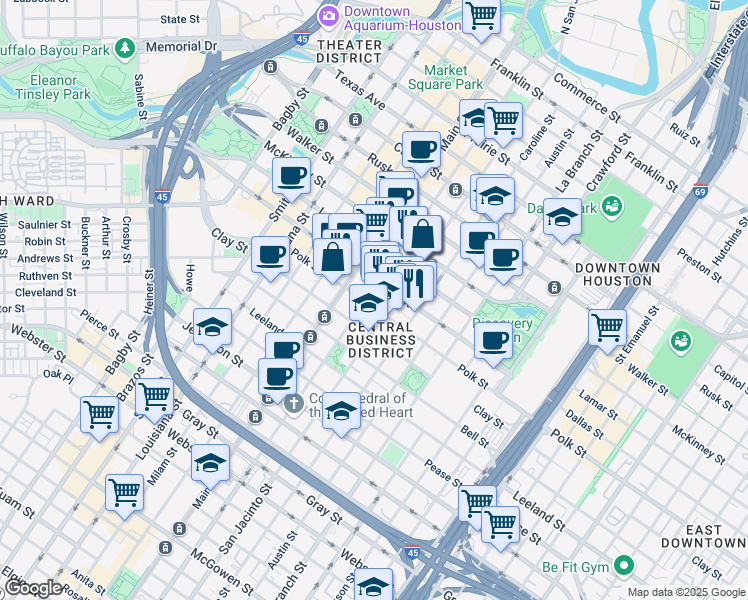 map of restaurants, bars, coffee shops, grocery stores, and more near in Houston